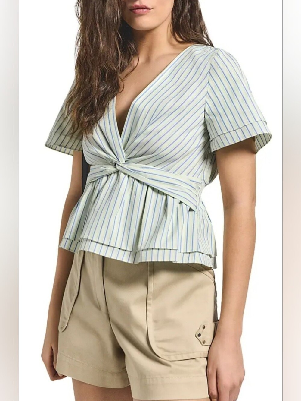 Derek Lam Blue and White Striped Twist-Front Peplum Top